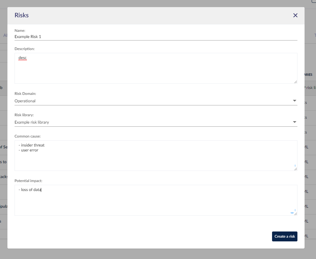 Risk Library Example Creating and using a risk library